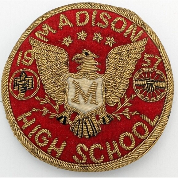 Vintage Bullion Wire Madison High School Eagle Crest 1957 Patch Pin Red Gold 3" - Picture 1 of 11